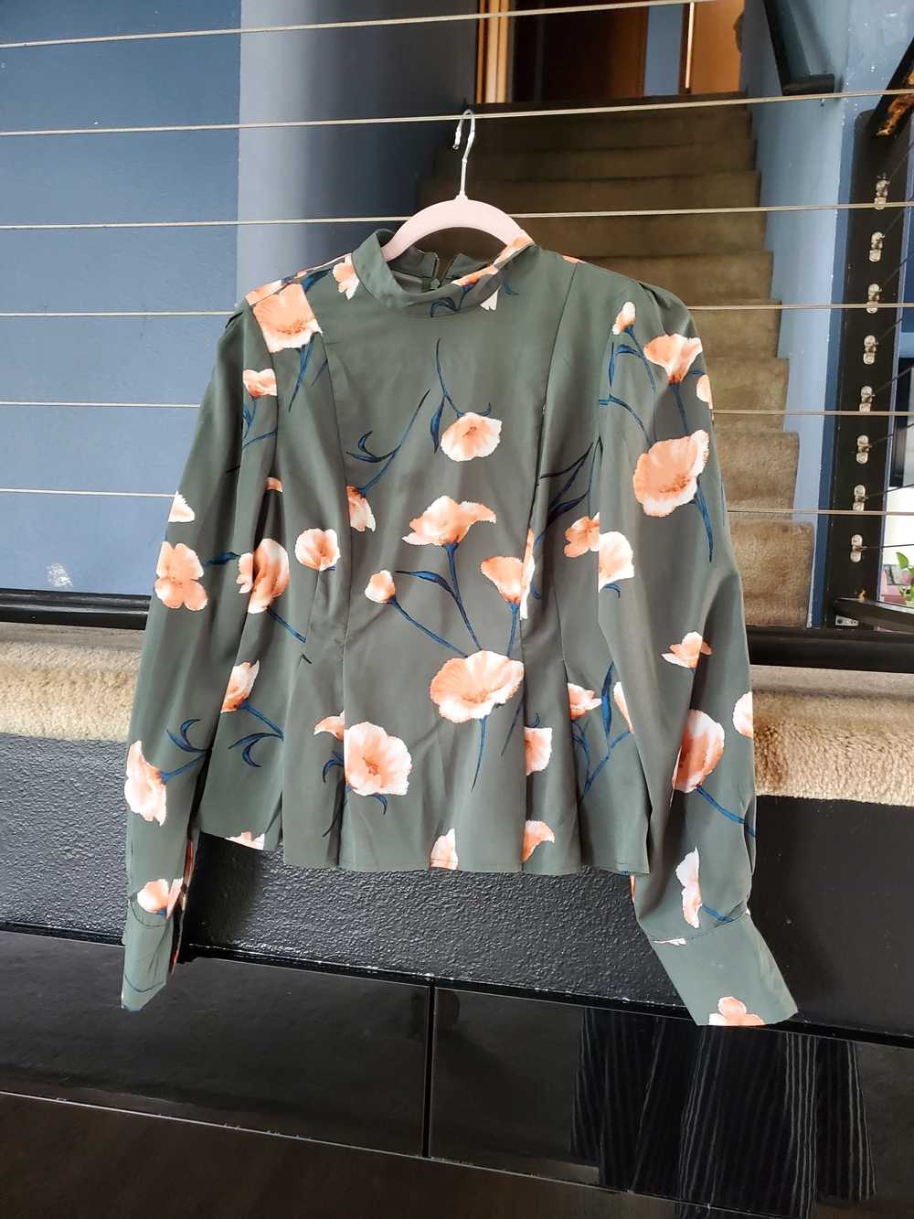 Forever 21 Olive Green Floral Mock-Neck Blouse with Peach Blooms